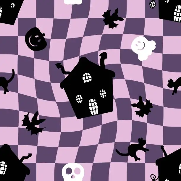Vector illustration of Halloween seamless pattern with houses, ghosts, cats and bats on a checkered background.