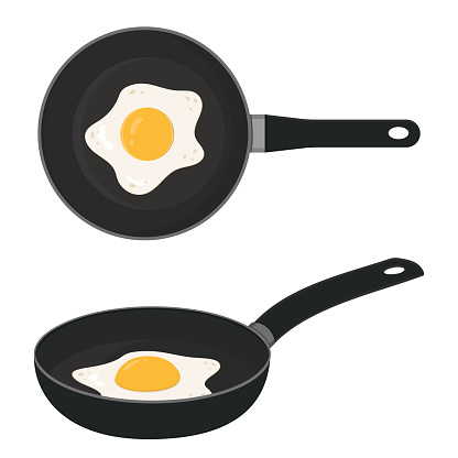 Fried egg in a black frying pan, color vector illustration.