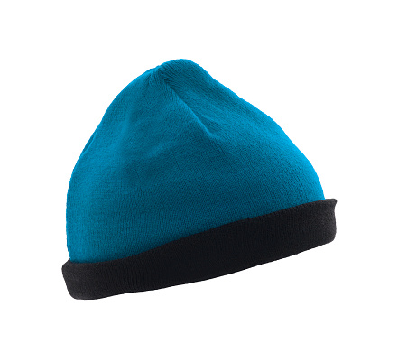 blue woolen winter hat isolated on white background