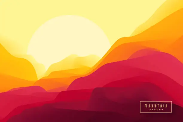 Vector illustration of Landscape with mountains and sun. Sunset.