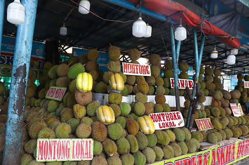 Many stacked Durian fruits in Aceh, Indonesia