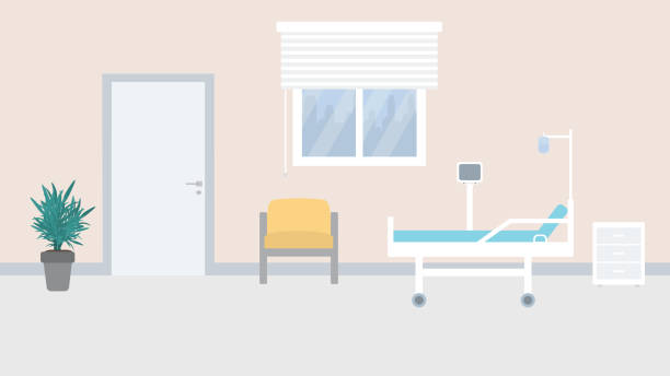 ilustraciones, imágenes clip art, dibujos animados e iconos de stock de habitación de hospital vacía con cama, sillón, planta en maceta y goteo intravenoso - emergency room illustrations