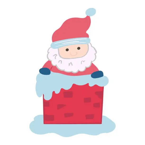 Vector illustration of Gnome Santa sits in a chimney illustration in cartoon style