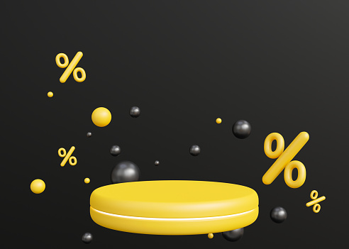 Yellow podium with black and yellow spheres and discount signs. Black friday sale. Special offer, good price, deal, shopping. Scene for product, cosmetic presentation. Mock up, stage. 3D rendering