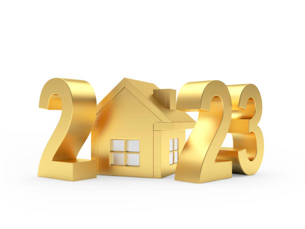 istock Golden number 2023 with a house. 3D 1428684567