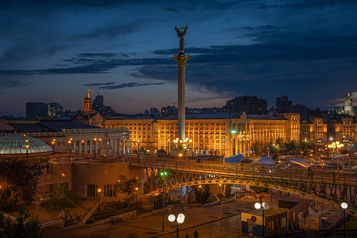 Aerial view of dusk Maidan Nezalezhnosti \