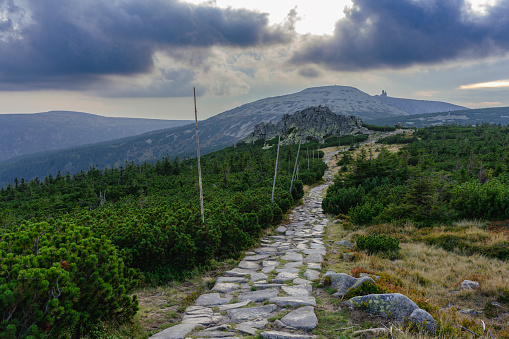 A public walking path in the Karkonosze Mountains (Giant Mountains). The path runs on both sides of the Czech–Polish border, along the main ridge and crosses or traverses all its summits.