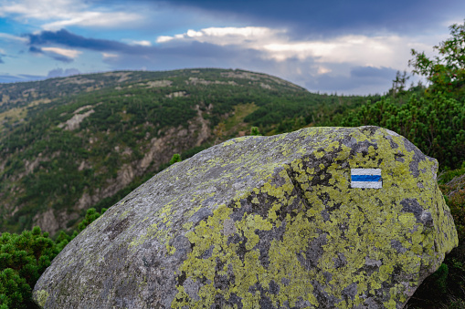 A boulder with a blue mark marking a trail in the mountains.