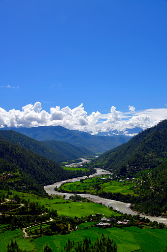 Punakha dzongkhag, Bhutan: the winding Mo Chu river and its valley - the name means 