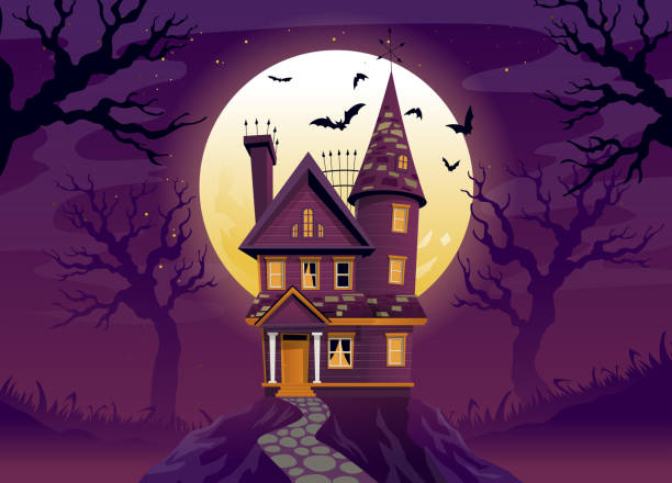 Haunted House of Halloween in creepy Cartoon Style Vector of Haunted House of Halloween in creepy Cartoon Style cute horror stock illustrations
