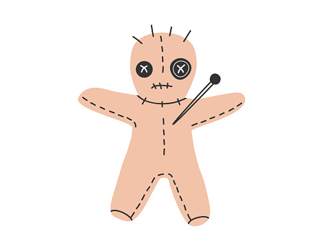 Hand drawn cute cartoon illustration of magic voodoo doll. Flat vector puppet with a needle in the heart sticker in simple colored doodle style. Esoteric icon or print. Isolated on white background.