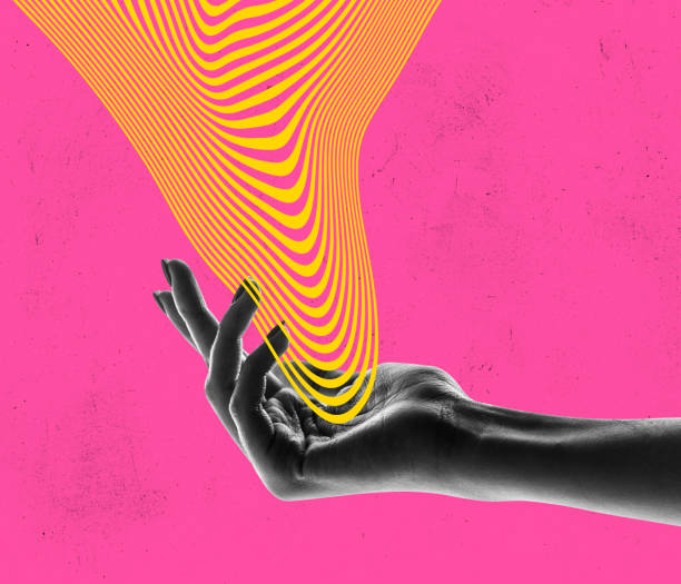 istock Contemporary art collage. Female hand over bright pink background with abstract design element. Hypnotic 1428689659