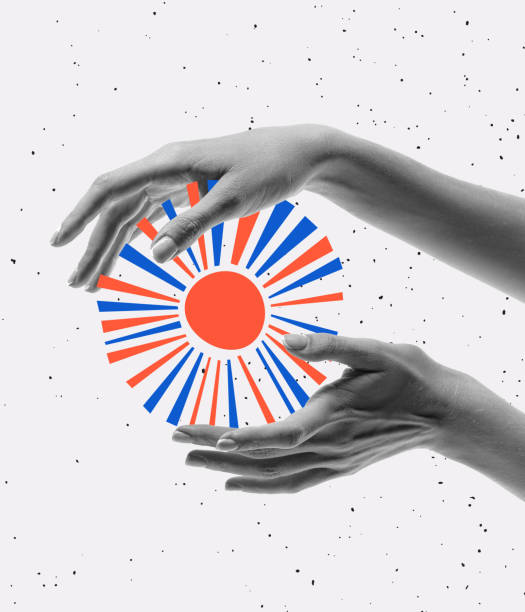 istock Contemporary art collage. Female hands over colorful sunny shape design element symbolizing freedom 1428689664