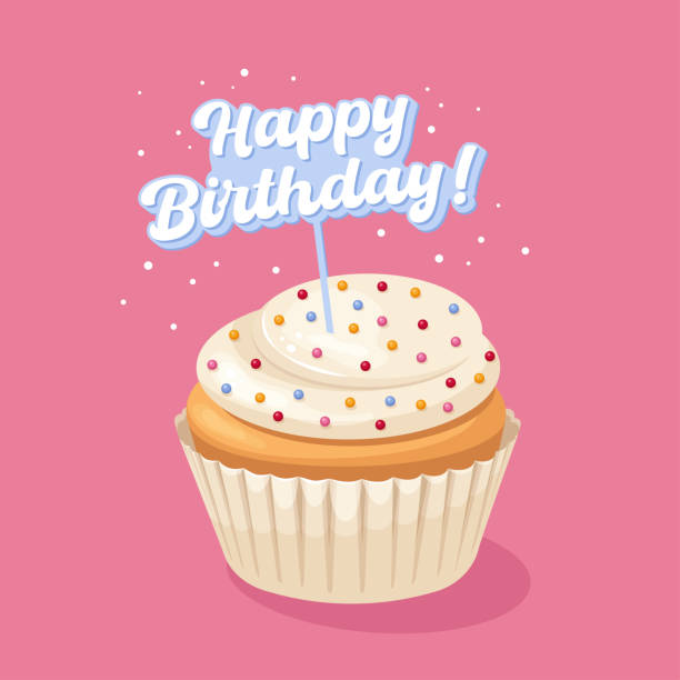 ilustrações de stock, clip art, desenhos animados e ícones de illustration of vanilla cupcake with text - confetti celebration backgrounds event