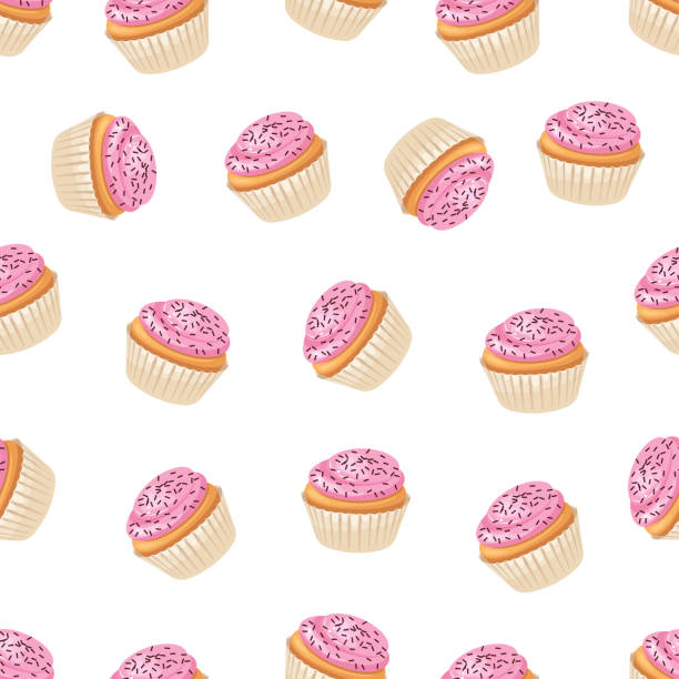 ilustrações de stock, clip art, desenhos animados e ícones de pattern of cupcake with pink strawberry buttercream frosting and chocolate sprinkle. - confetti celebration backgrounds event