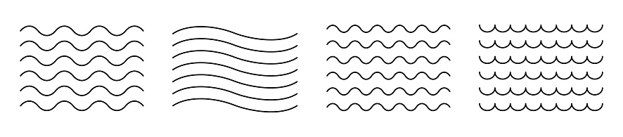 Vector water waves. Set of wavy zigzag lines. Vector zigzag lines and waves, wavy pattern. Black curved lines pattern in abstract style. Vector illustration