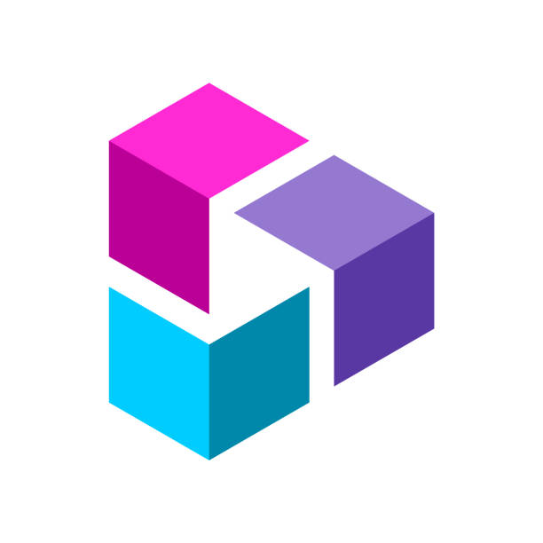 Play triangle symbol inside 3D cube elements. Isometric block shapes make unity. Colorful business logo. Technology and media industry. Play video button for mobile app. Vector illustration, clip art. square cropped stock illustrations