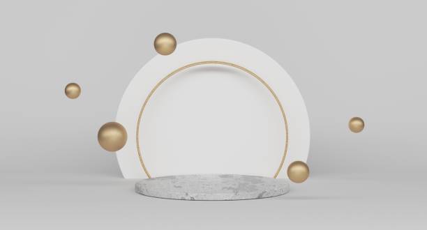 istock Minimal cosmetic background for product presentation. Cosmetic bottle podium display case with golden round frame and empty concrete platform for product display. 3d render illustration. 1428699720
