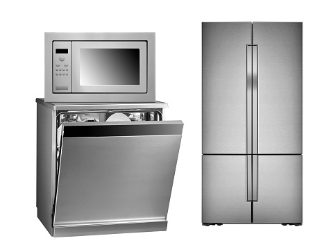 refrigerator, oven and dishwasher isolated on white background