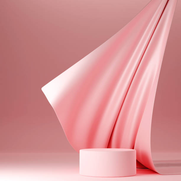 istock Pink pastel podium with pink flying fabric, cloth background 1428701196