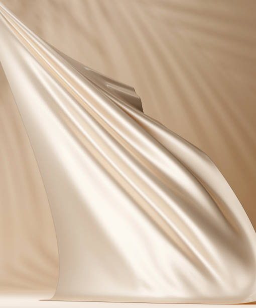 istock Beige pastel podium with beige flying fabric, cloth background 1428701198
