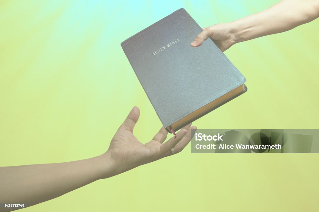 Holy bible book from hand to hand on gold and white ray background Adult Stock Photo