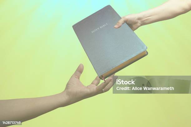 Holy Bible Book From Hand To Hand On Gold And White Ray Background Stock Photo - Download Image Now