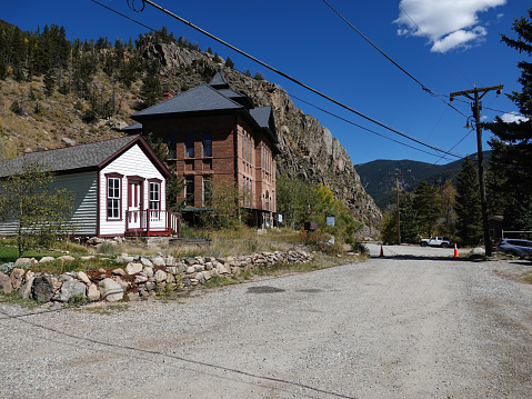 Silver Plume, Colorado, USA-September 26, 2022:Unpaved main street, Silver Plume, Colorado. 19th century silver mining boom town and National Historic site.