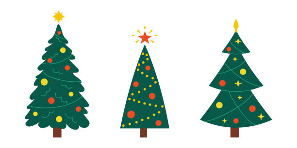 vector neujahrsset mit weihnachtsbäumen. süße immergrüne bäume mit kugeln, sternen und girlanden. tannen zu weihnachten. - weihnachtsbaum stock-grafiken, -clipart, -cartoons und -symbole