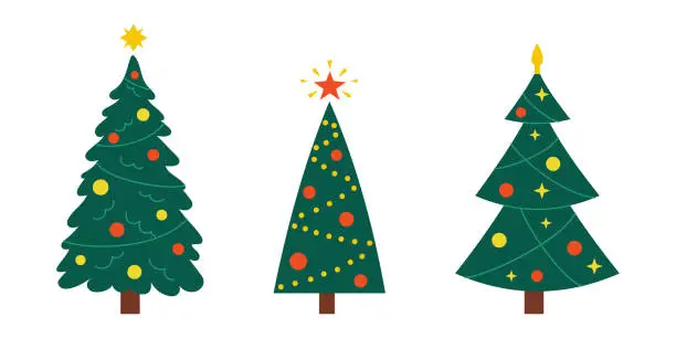 Vector illustration of Vector New Year set with christmas trees. Cute evergreen trees with balls, stars and garlands. Fir trees for Christmas.