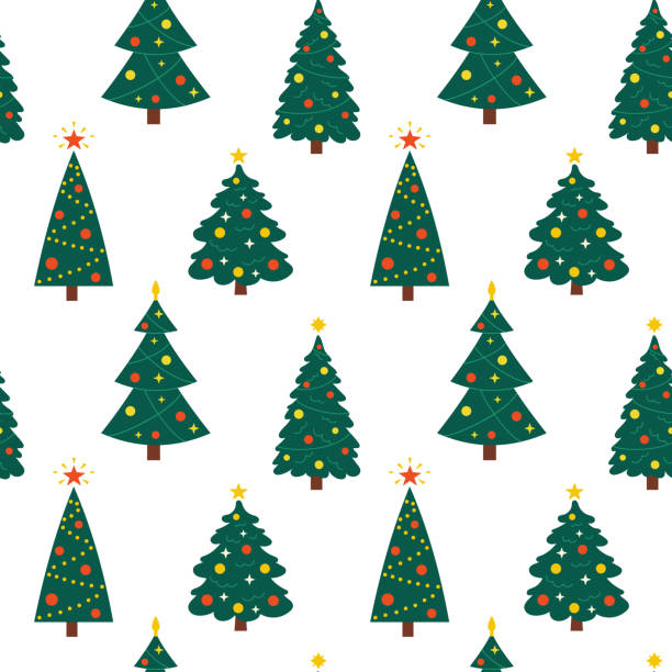 크리스마스 트리와 벡터 원활한 패턴. 흰색 배경에 귀여운 새해 패턴. 귀여운 상록 전나무 나무. - wallpaper sample 일러스트 stock illustrations