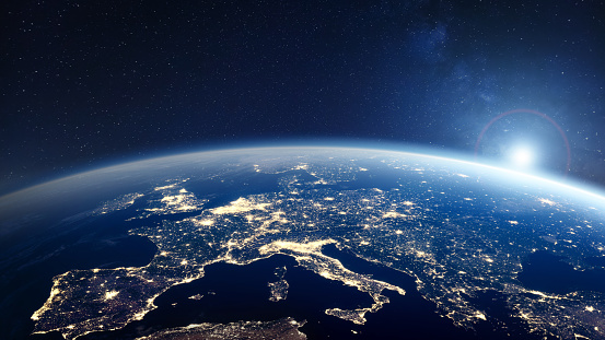 Europe at night viewed from space with city lights in European Union countries and cities. 3d render of planet Earth. Elements from NASA. Technology, global communication, world connections. (https://visibleearth.nasa.gov/view.php?id=57752)