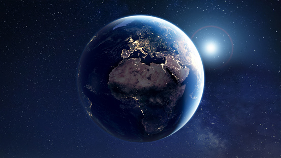 Planeta Tierra visto desde el espacio con luces de la ciudad. Tecnología, comunicación global, conexiones mundiales. Vista satelital. Elementos de la NASA. photo