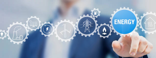 Energy market, production, transport, consumption. Renewable electricity with wind turbine, solar panel. Nuclear power plant. Gas and fuel. International trading, contracts and regulations. stock photo