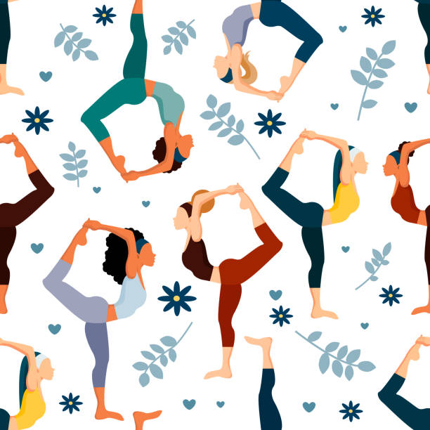 illustrazioni stock, clip art, cartoni animati e icone di tendenza di modello senza soluzione di continuità di donne che eseguono esercizi di yoga - white background yoga backgrounds relaxation exercise
