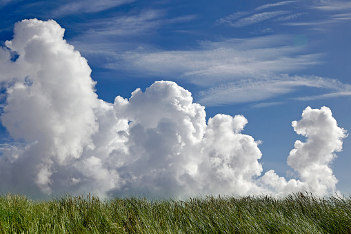 Volumetric clouds in the blue sky and green field grass. Natural background
