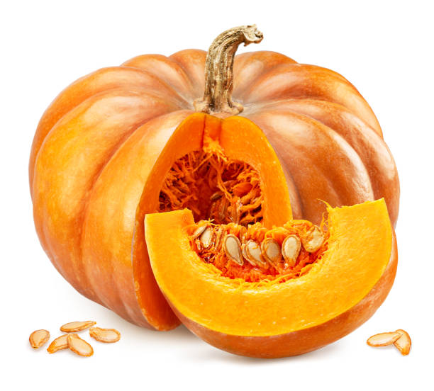 istock Orange round pumpkin and pumpkin slice isolated on white background. 1428720922