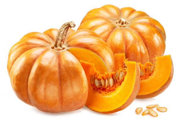 istock Orange round pumpkins and pumpkin slices isolated on white background. 1428721035