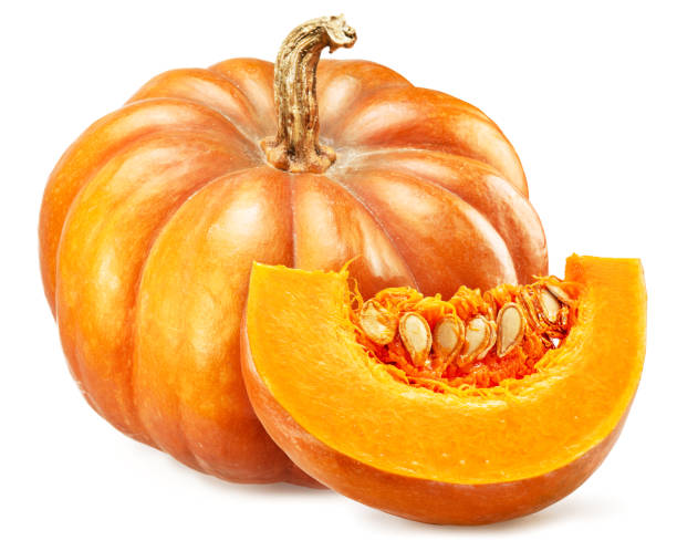 istock Orange round pumpkin and pumpkin slice isolated on white background. 1428721558