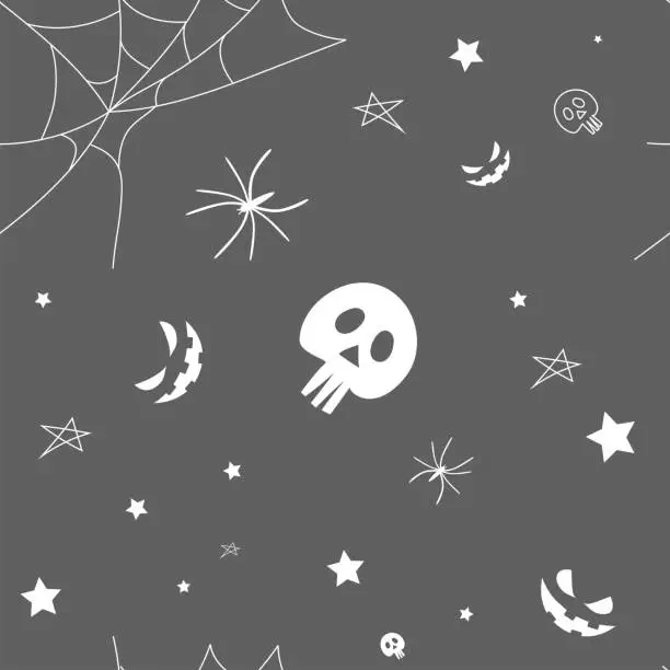 Vector illustration of Vector. Happy black and white Halloween background. Funny cartoon style. Background with hand drawn outline Halloween elements: spider web, spider, skull, stars, anthropomorphic face.