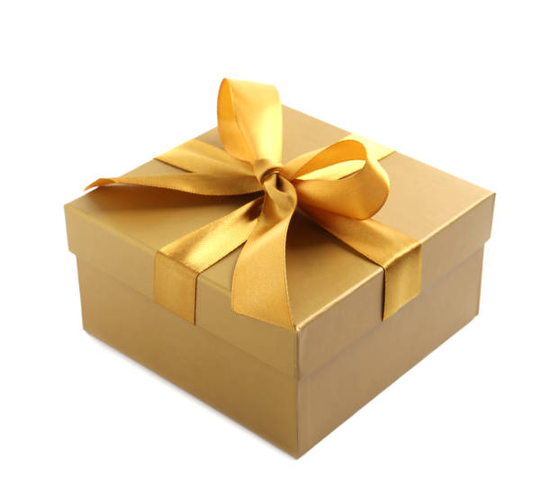 istock Golden gift box with satin bow on white background 1428724614