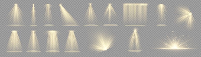 Vector spotlight. White color light effect. Glowing isolated golden sparkling light effect. Spark spotlight special effect design. Ray vector element. Glowing isolated yellow transparent.