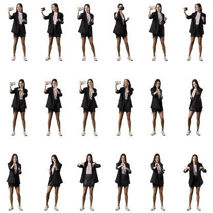 Stylish business woman in blazer collages of cellphone video call showing thumbs up and down. Set of full body women isolated on white background.