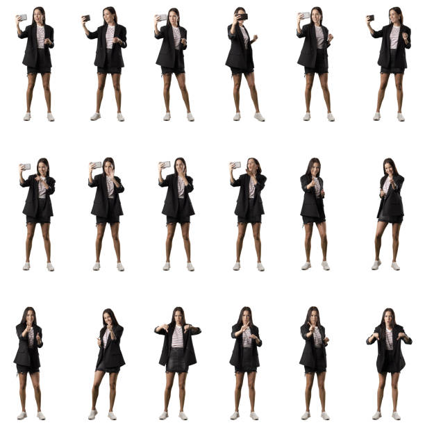 stylish business woman in blazer collages of cellphone video call showing thumbs up and down - businesswoman skirt isolated standing imagens e fotografias de stock