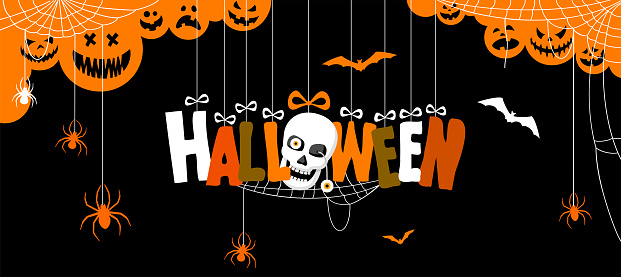 Halloween Banner with Hanging Letters. Design with skull, spider web and bats for greeting cards, posters, flyers and invitations.