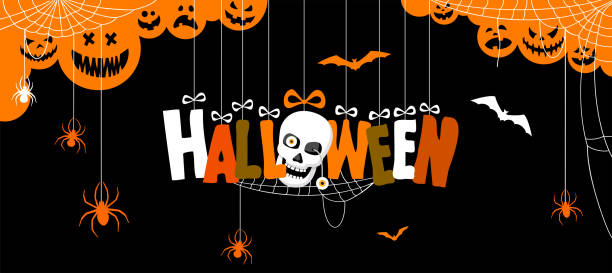 Halloween Banner with Hanging Letters. Design with skull, spider web and bats for greeting cards, posters, flyers and invitations. Halloween Banner with Hanging Letters. Design with skull, spider web and bats for greeting cards, posters, flyers and invitations. happy halloween banner stock illustrations