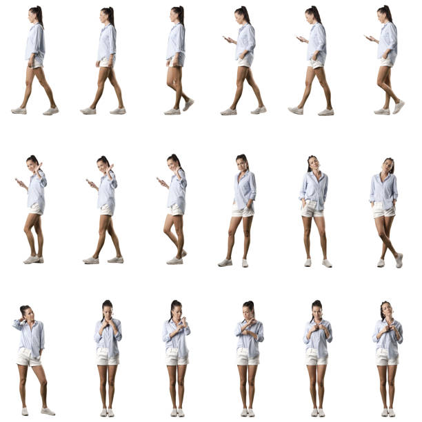 istock Side view of summer style walking girl using phone, waving at camera and getting dressed. 1428726767