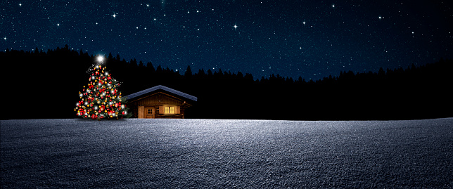 Christmas tree with ski hut in night winter forest