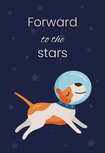 ilustrações de stock, clip art, desenhos animados e ícones de greeting birthday card template. happy cute dog astronaut on blue background and space stars. vector illustration - birthday card dog birthday animal