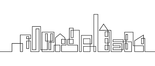 Abstract cityscape in continuous line art drawing style. Urban skyline with different houses black linear design isolated on white background. Vector illustration
